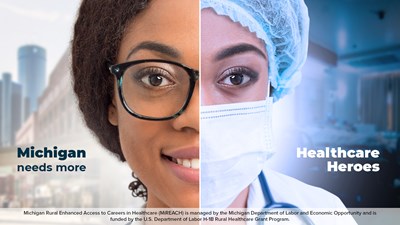 split photo of a woman wearing glasses and then wearing a medical mask and hair cap, text: Michigan needs more Healthcare heros